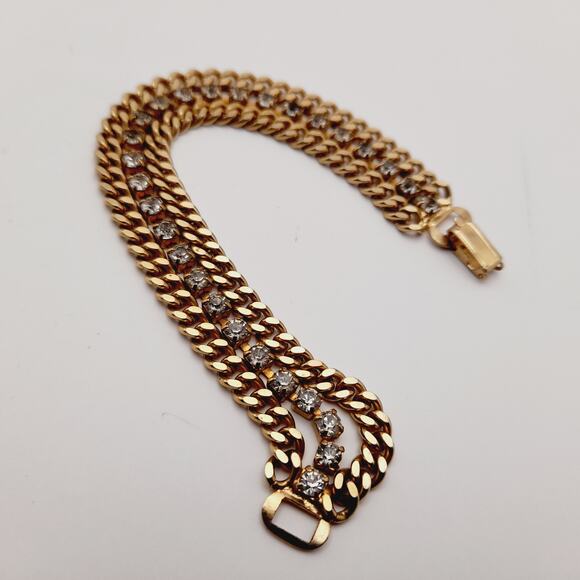 Vintage Wide Three Strand Gold Tone Bracelet - 7 1/4 Inches, Curb Rhinestones - Picture 6 of 10